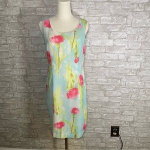 Sleeveless Floral Shift Dress in Aqua with Pink Blooms size 8 semi sheer